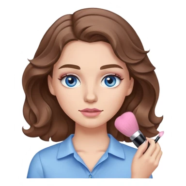 White girl with wavy brown hair and blue eyes and a light pink shirt putting makeup on sticker