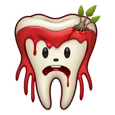 Minimalist emoji-style sticker of a pulled tooth with roots and a smear of blood at the base. Black and desaturated red colors. Flat, clean outline on white.
 sticker