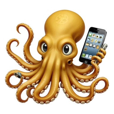 Intimidating octopus made of bones. Evil looking eyes, wearing a gold necklace. 3 tentacles are holding their own cellphone with one held to the side of its face as if its on a phone call, 2 other tentacles are holding stacks of money sticker