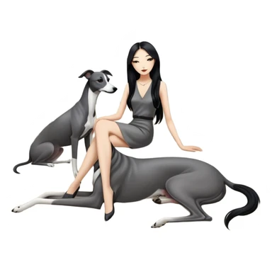 Very thin Chinese woman with long black hair relaxing in a luxurious hotel suite with exactly ONE whippet dog. EXTREME IMPORTANCE: the whippet must be ONE SOLID VERY DARK CHARCOAL GREY COLOR from nose to tail with ABSOLUTELY NO WHITE MARKINGS anywhere - NO white on face, NO white on muzzle, NO white on chest, NO white on paws, NO white on tail - NOTHING BUT A SINGLE SHADE OF VERY DARK GREY throughout the entire animal sticker