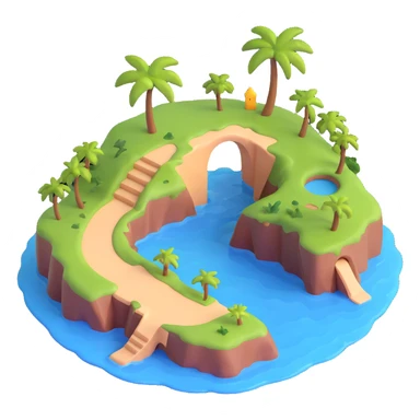 an island with a large hole or arch through it, surrounded by water, 3D emoji style sticker