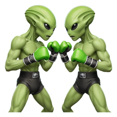 two aliens boxing in a fight stance, facing each other with raised gloves, dynamic action pose, intense expressions, sci-fi arena vibe, 3D cartoon style, mobile game icon style, clean background, no text, no watermark
 sticker
