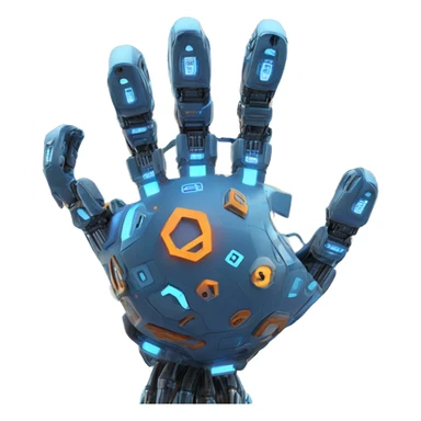 "Earth held by a futuristic robotic hand, glowing with blue and orange digital lines, with a high-tech and futuristic atmosphere." sticker
