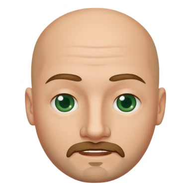 white caucasian bald man's face, with brown  round goatee and dark green eyes, oval face, rounded, big, little eyes a small smile sticker
