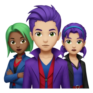 Solo poly platonic relationship, one African girl, one Asian boy, one biracial features Asian tomboy girl rat-tail hair long and upper masculine hair 90s, vampire and marvel cosplay elements inspired  use marvel colours, like instead of obvious human, green purple blue etc,  sticker