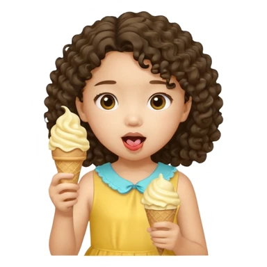 a little asian girl kid with curly hair, yellow dress, eat ice cream sticker