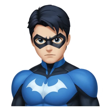 nightwing with white eyes, wearing nightwing uniform, analyzing evidence sticker