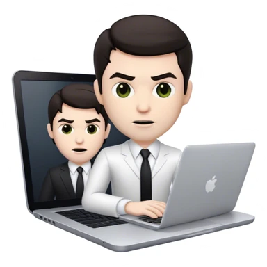 memoji of a white male realtor with a laptop in front, modern, dark hair, evil sticker