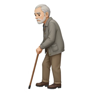 Old man leaning on a walking cane and holding his crancky back with his hand, grumpy face, detailed. Side view with the man going right sticker