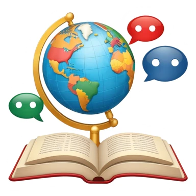 An icon featuring a globe with speech bubbles in different languages, symbolizing the study of foreign languages. The design includes a book and a pencil, representing learning and communication across cultures. Transparent background highlights the global nature of language education. sticker