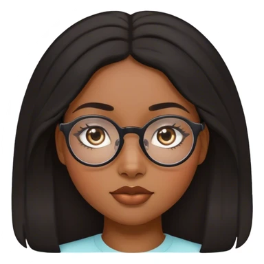 femme de 20 ans noire métissée avec les cheveux bouclés, le visage ovale et des lunettes semi rondes et les yeux en amande cheveux plus long et moins gonflés et noir foncé plaquéés avec une raie au milieu  sticker