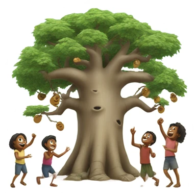 Create a baobab tree with 5 kids playing in Madagascar sticker