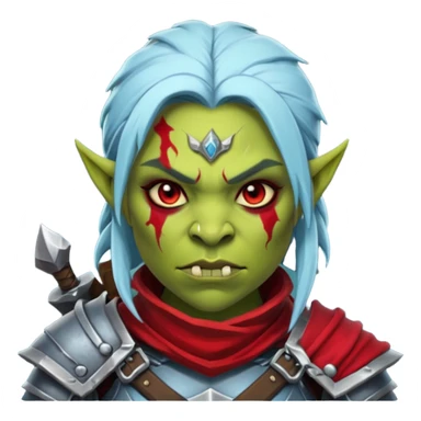 Fantasy Christmas orc legion soldier icon, iron tundra army theme, heavy winter armor, disciplined brutal look, dark icy steel armor with bold crimson cloth and markings, cold blue shadows, high contrast, clean emoji portrait style, female variant sticker