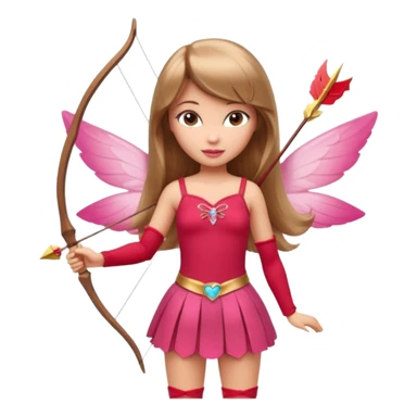 Hada sexy cupido pequeña  de cabello largo lacio castaño claro con flequillo y ojos cafés  vestida de top y falda roja y con arco y flechas cabello lacio labios rosas tipo Barbie pero en hada cupido sticker