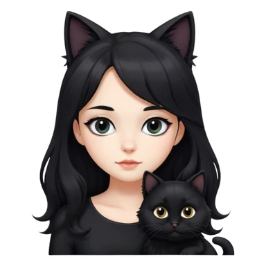 a beautiful girl with long black hair and black furry cat. She is wearing a black dress and has wave-like hair. bigger eyes and the distance between left&right eyes is closer sticker
