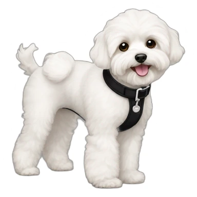 White maltipoo walking with black collar sticker