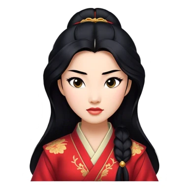 Cinematic Realistic Mulan Portrait, depicted with lifelike skin texture, soft natural lighting, and intricately detailed long black hair styled elegantly. Her deep, expressive eyes exude determination and grace, complemented by a serene yet confident expression. She is dressed in her classic attire, with rich fabric textures and delicate folds that catch the light beautifully. The portrait features a soft, enchanting glow with a natural, radiant finish, capturing the essence of timeless strength and beauty in a realistic and painterly style, evoking a sense of depth and authenticity. sticker