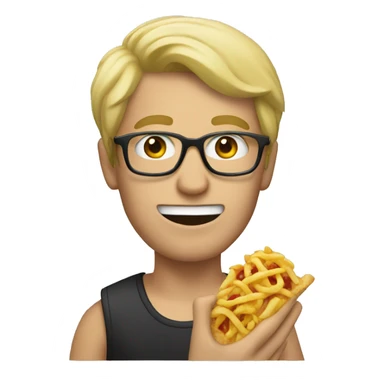 A man with blonde hair and glasses, eating a leg sticker