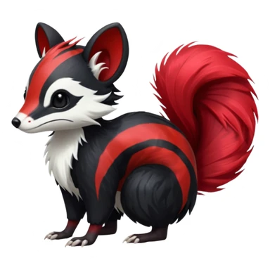 Feral Rare Fantasy shiny soft fuzzy furry vibrant tropical obsidian-black and crimson-red Vernid-Trico-species-creature by LiLaiRa, random markings, tufted tail, tufted ears, full body with markings with white skunk-tail-stripes sticker