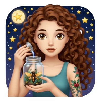woman with long curly brown hair, brown eyes, white skin, tattoos, holding a jar of captured starlight insects sticker