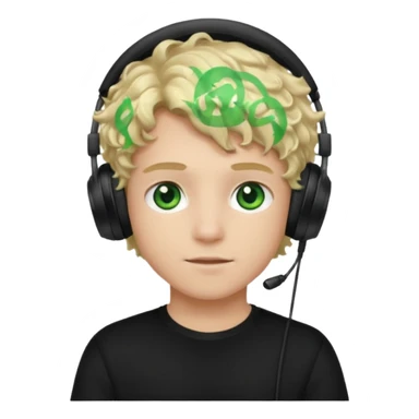 curly blonde haired boy with green eyes, wearing a black top and black gaming headphones sticker