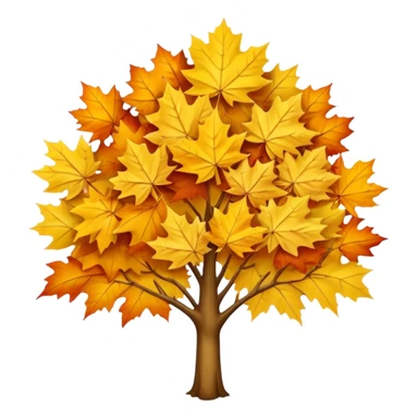 Generate a high-quality image of a yellow maple tree with autumn foliage, full canopy of leaves, realistic color and shading, smooth gradient colors, no facial features, no brand markings, simple white background, high-resolution. sticker