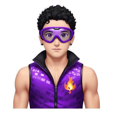 male athlete with white skin and moderately curly black hair on top with shaved sides, wearing ski goggles with purple frames and very dark black lenses, a simple plain black chain necklace, and a completely unzipped sleeveless vest with purple and black sequin fire pattern design, fully revealing his chest, shoulders and arms, no earrings sticker