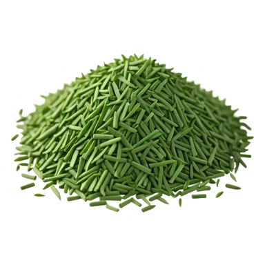 loose scatter of finely chopped dry green herb bits, short tubular shapes, crisp matte texture, uniform thin straight pieces, vibrant to muted green tones, evoking dried chive stalks, soft lighting, subtle shadows, emoji scale sticker
