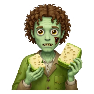 curly hair man zombie holding moldy cheese piece sticker