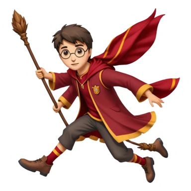Cartoon-style illustration of Harry Potter flying on a broomstick, Gryffindor red and gold outfit, expressive face, dynamic motion, magical vibe, smooth shading, vibrant colors, no background, transparent background, isolated character. sticker