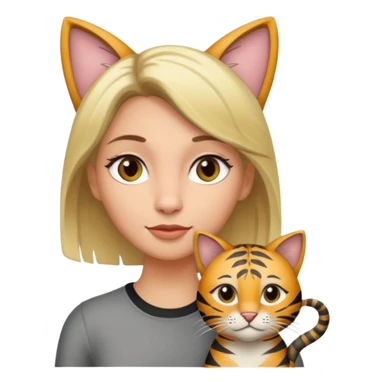 Une femme avec les cheveux dégradée, brun et blond, qui fait un câlin à son chat qui est gris, tigré avec les extrémités oreille patte et queue noir  sticker