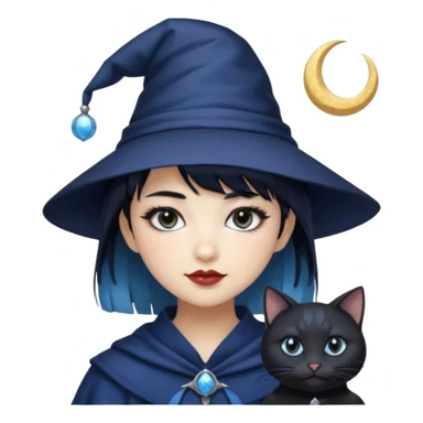 an asian short haired girl with light blue highlighted short raven hair with bangs, with her silver left eye and dark brown right eye, with black cat eyed style eyeliner, and smirk of natural toned lipstick, with dark navy wizard hat with moon emblem on his hat. sticker
