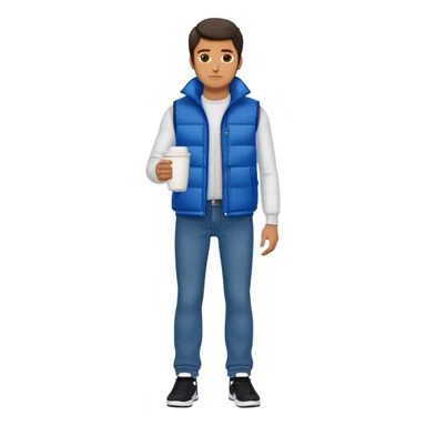 full body man with long sleeve white shirt with blue puffer winter vest with no pockets wearing straight long levi blue jeans with no cuffs and black tennis shoes holding a coffee mug in one hand in front of him and nothing in the other hand sticker