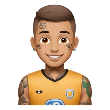 man with small face tattoos, cheerful expression, wearing a jersey sticker