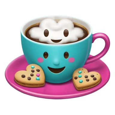 cup of coffee, steaming, the smoke should come out in the shape of a heart, the color of the cup is fuchsia, the cup has a happy face printed on it, the cup rests on a turquoise blue plate, and there are cookies and sugar cubes around the cup. sticker