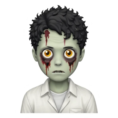 Zombie boy with black medium messy curly hair with white shirt  sticker