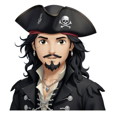 A charismatic pirate with wavy black hair tousled by the sea breeze. His black tricorn hat, embroidered with silver, casts a shadow over his confident features. Dark eyes glint with mischief as he gazes to the side, a knowing smile on his lips. His fitted black coat, adorned with silver buttons. A silver chain dangles from his belt sticker
