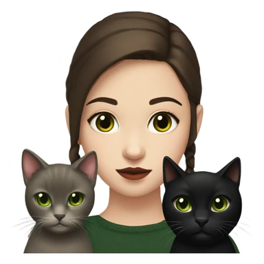 A teenage girl with white skin, she have some green hazel eyes, red lipstick, mid long straight dark brown hair, she have an eyeliner and she is holding a black cat in her arms, view from close sticker