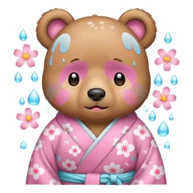 A cute light-brown bear wearing a pastel pink sakura-patterned kimono, normal balanced body ratio.  
Crying heavily with big teardrops streaming down the face, trembling lips and watery eyes.  
Kawaii emoji style, minimalistic clean sticker illustration, white background. sticker