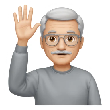 60 yr man with partially gray hair, mustache, light glasses, sweatshirt, waving hello sticker