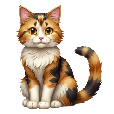 cinematic-[calico tabby cat]-realistic-full-body-sitting-emoji,-tail-curled-playfully-around-its-paws,-head-tilted-dramatically,-scruffy-[calico]-fur,-simplified-yet-realistic-focused-features,-highly-detailed,-glowing-with-an-almost-sarcastic-glow sticker