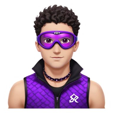 close-up of male athlete with white skin and moderately curly dark brown hair on top with shaved sides, wearing ski goggles with purple frames and very dark black lenses, a simple plain black chain necklace, and a completely unzipped sleeveless vest with purple and black sequin fire pattern design with no logo, with an arrogant smug smirk on his face, looking confident and cocky sticker