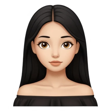 A realistic 3D avatar of a young woman with a soft oval face, slim cheeks, natural almond eyes, long straight black hair, minimal makeup, wearing a black off-shoulder top, elegant and aesthetic, brown skintone, add nosepin at left side.  sticker