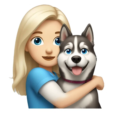 a girl with blue eyes and light-blond hair hugs a husky dog ​​with brown eyes sticker