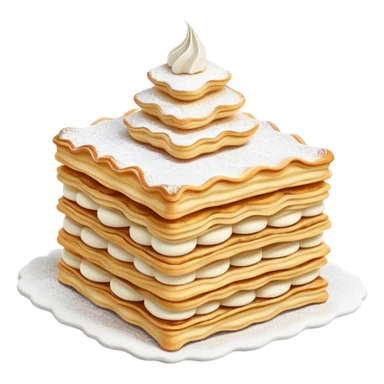 Cinematic Realistic Mille-Feuille Dessert Emoji, depicted as layered puff pastry with rich cream and a dusting of powdered sugar rendered with intricate textures and elegant, soft lighting. sticker