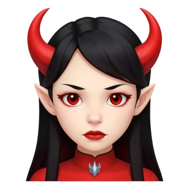 Head only demon girl; face with pronounced cheekbones and angular jaw; skin is uniform pure red (#FF0000) everywhere; long straight smooth black hair; small horns sticker