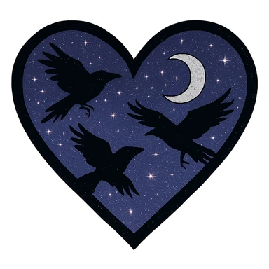 emo heart with night sky and dark ravens, remove background, pink sticker