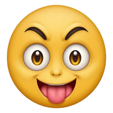 A yellow round face emoji smirking with its tounge out but the eyes are evil and kind of crazy and only one of the eyebrows is raised and the other eyebrow is lower and normal sticker