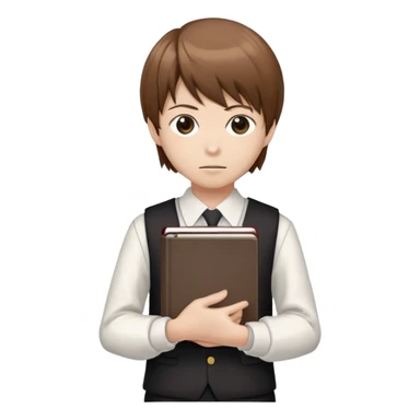 Light Yagami with a Death Note notebook, brown hair, wearing a school uniform sticker