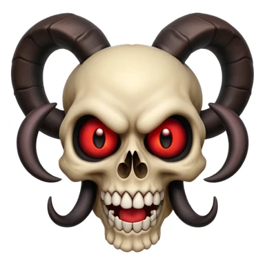 Cartoon skull with large black ram horns, glowing red eyes, big toothy grin, matching attitude and features of reference images, apple emoji style sticker